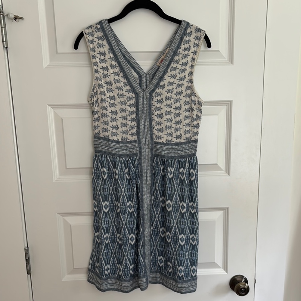 Faherty Macey Sleeveless Linen Dress in Blue Ikat. Size XS